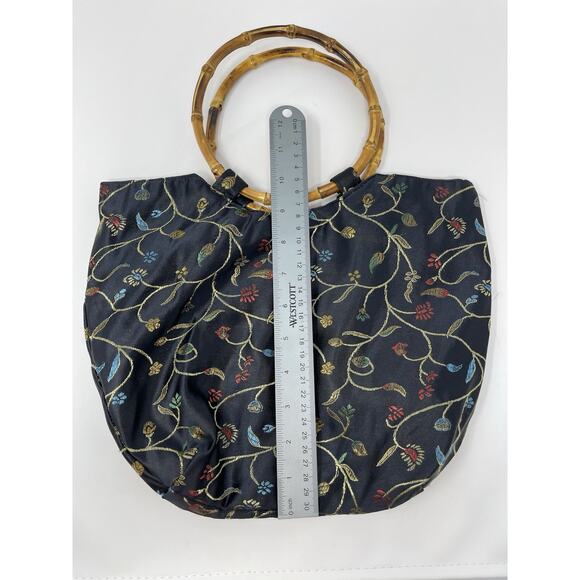 Women's Handbag Asian inspired Bambo Circle Handels Black Flower Embroidered - Picture 7 of 9